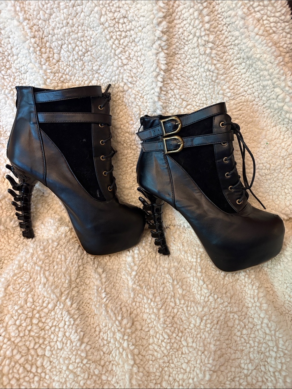 Women's Black Lace-Up Platform Ankle Boots Goth Skeleton Spine Heel ?Shoe Story - Picture 5 of 16